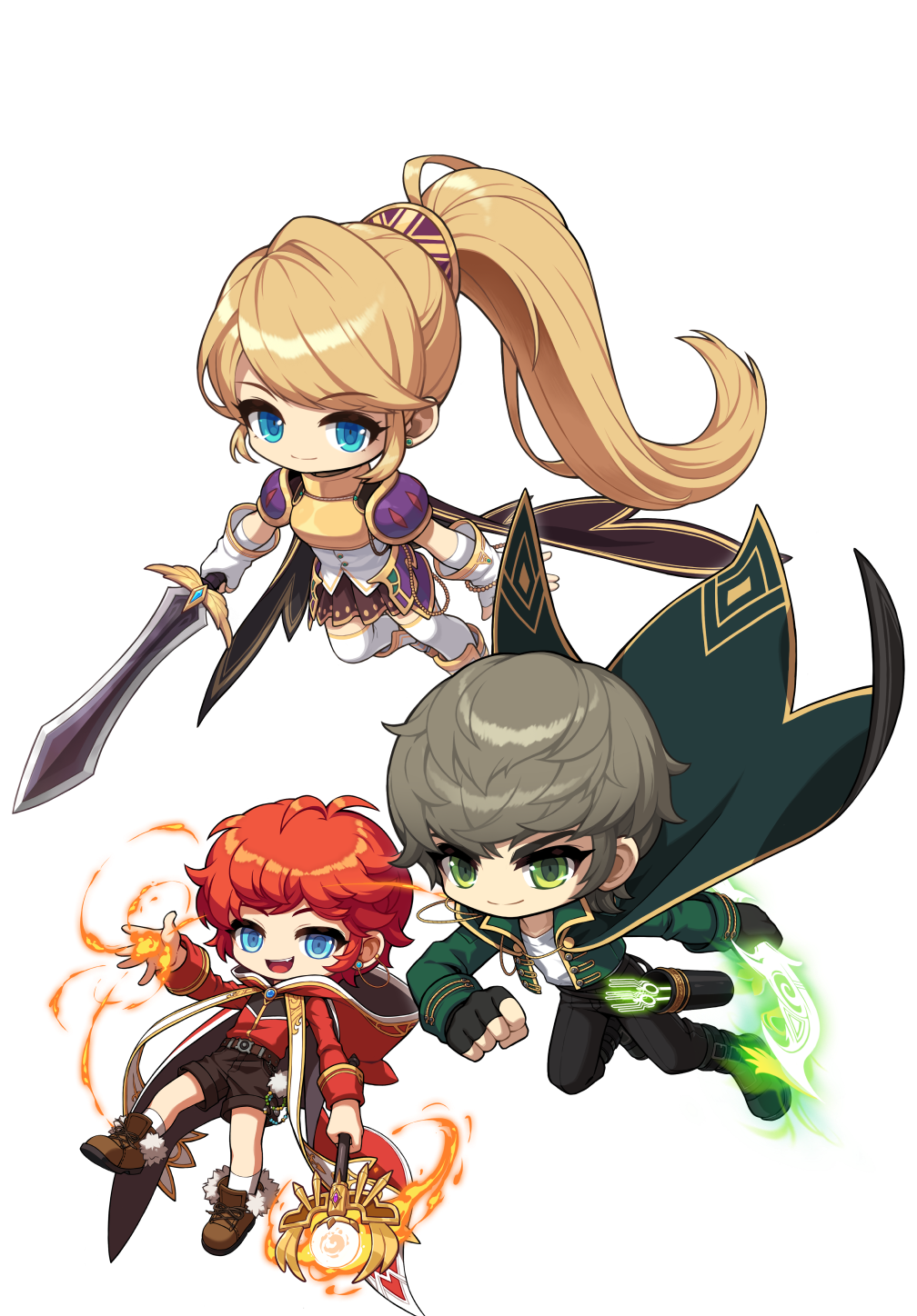 Artwork of Dawn Warrior, Wind Archer, and Blaze Wizard (MapleStory N)