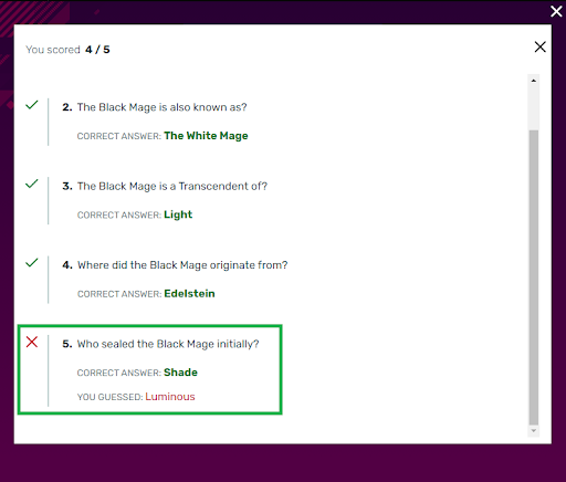 An example of an incorrect quiz answer